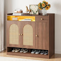 LIKIMIO Rattan Shoe Cabinet with 6-Tier Storage, 3 Doors & LED Light | 30 Pairs Shoe Storage Cabinet with Drawer, Adjustable Shelves, Shoe Rack Organizer for Entryway, Living Room, Walnut