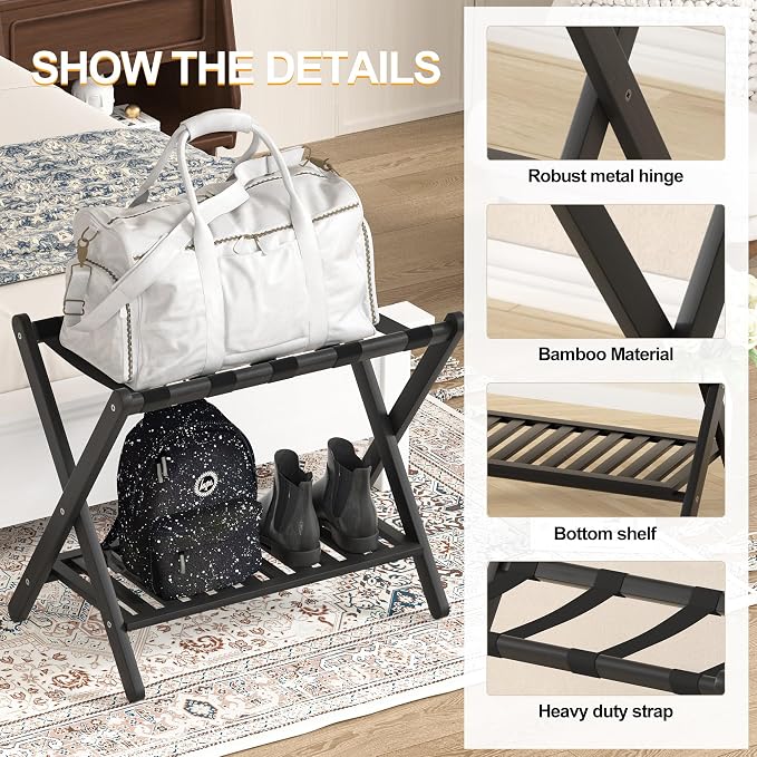 Luggage Racks Suitcase Stand Foldable With Storage Shelf For Guest Room Hotel Essentials Solid Bamboo Heavy-Duty Item Holder Black