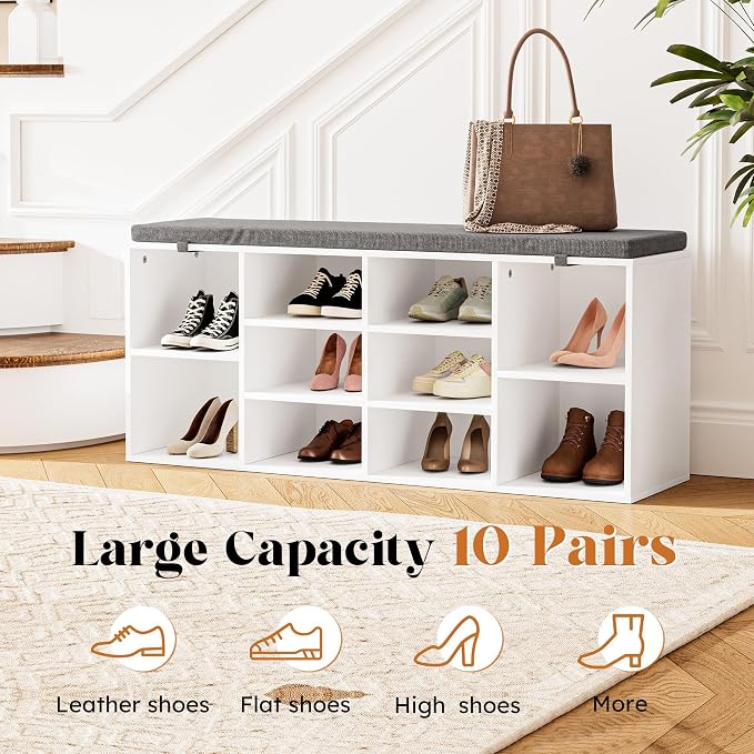 41" Shoe Storage Bench with Cushion, Entryway Shoe Rack with 10 Cubbies, Multifunctional Shoe Organizer Bench for Hallway, Bedroom, Living Room, White