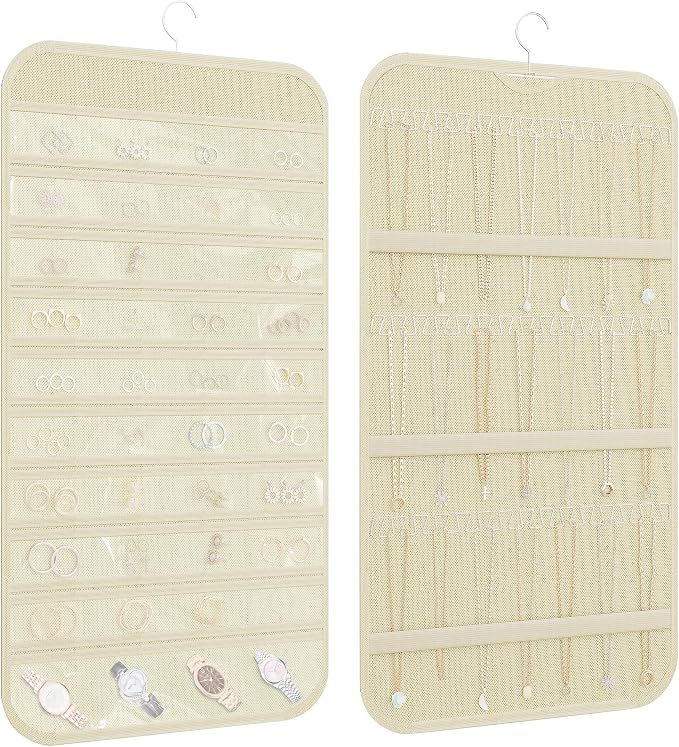 Double-Sided Hanging Jewelry Organizer for Necklaces Earrings, 1-Pack Beige | Foldable 36 hooks & 40 clear pockets; swivel hook fits walls, doors & rods for earrings, bracelets, rings & small jewelry