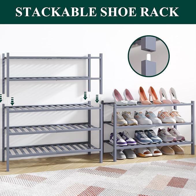 Smiry Bamboo Shoe Rack for Closet, 6 Tier Wooden Shoe Organizer, Stackable Wood Shoe Storage Shelf for Entryway, 14 Vertical Slats, 3+3 Stack Heavy-Duty Legs, 26.77"x11.02"x36.61", Grey