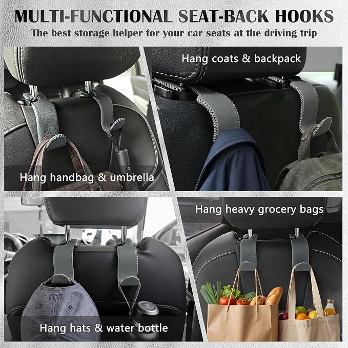 Amooca Car Seat Headrest Hook Universal Vehicle Storage Hanger Leather with Metal Car Seat Back Organizer for Handbag Purse Coat Grey 4 Pack