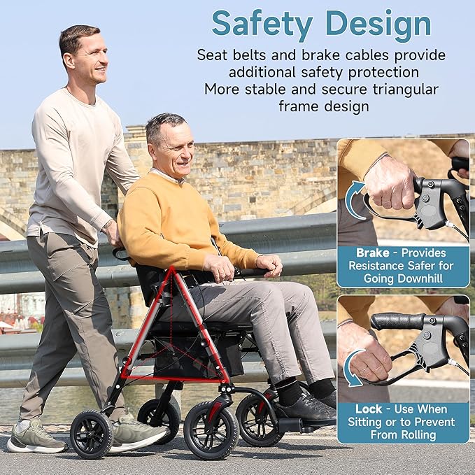 Walkers for Seniors, 2 in 1 Rollator Wheelchairs Combo 10" Big Wheels Walker with Seat, Rollator Transport Chair with Brakes Folding Rolling Walker for Adults, Grey