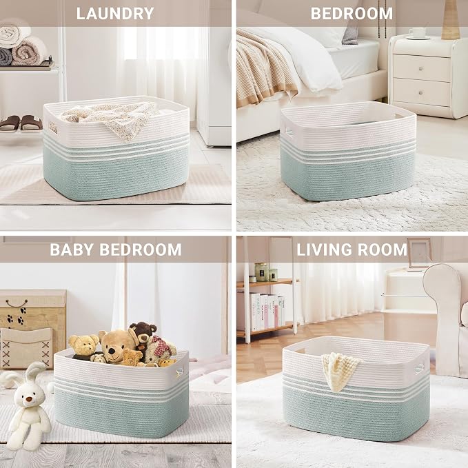 100L Extra Large Woven Laundry Basket Hamper with Handles, Green | 24"x16"x16", collapsible wicker hamper, storage for dirty clothes, toys, blankets, gifts, living room, bedroom, bathroom