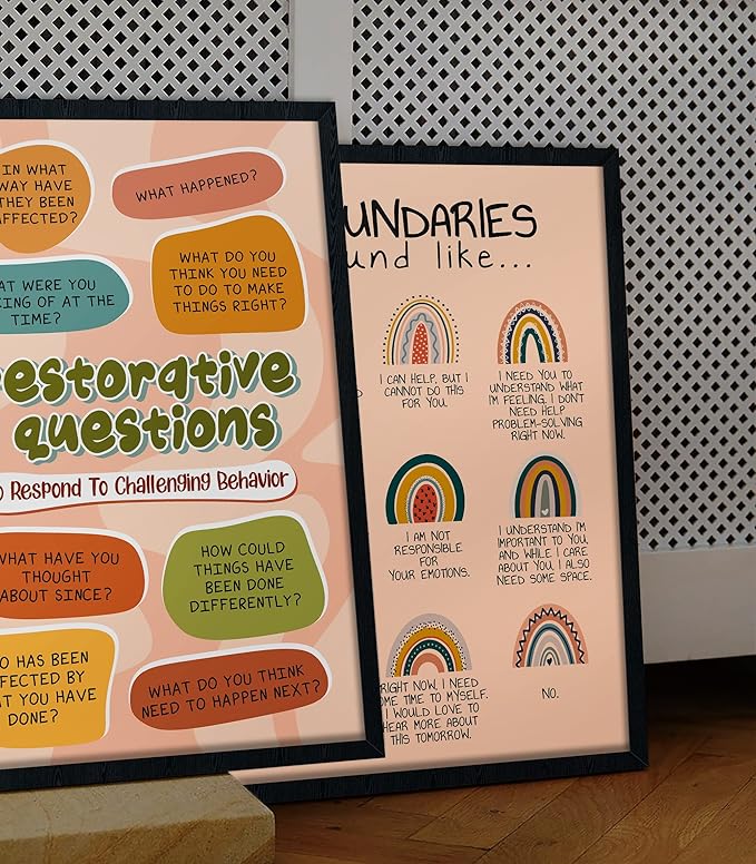 LOLUIS Mental Health Poster, Boho Therapy Tools Educational Supplies Art Print Classroom School Office Decor (Restorative Questions, Custom Frame Type)