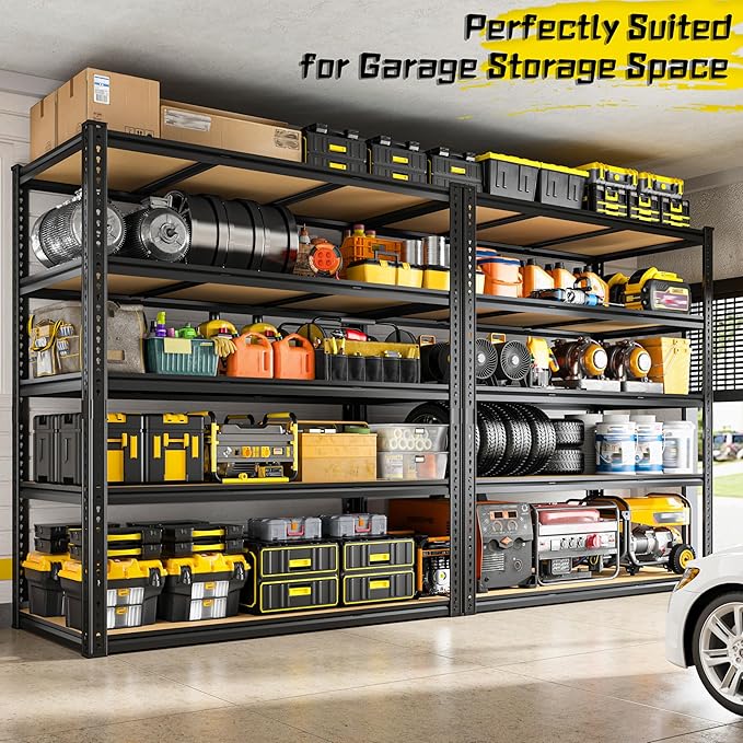 48" W Garage Shelving Heavy Duty 3080LBS Garage Storage Shelving, 5 Tier Adjustable Metal Shelving Unit Utility Rack Shelf for Warehouse, Pantry, Closet, Kitchen 72" H x 48" W x 24" D,Industrial，Black