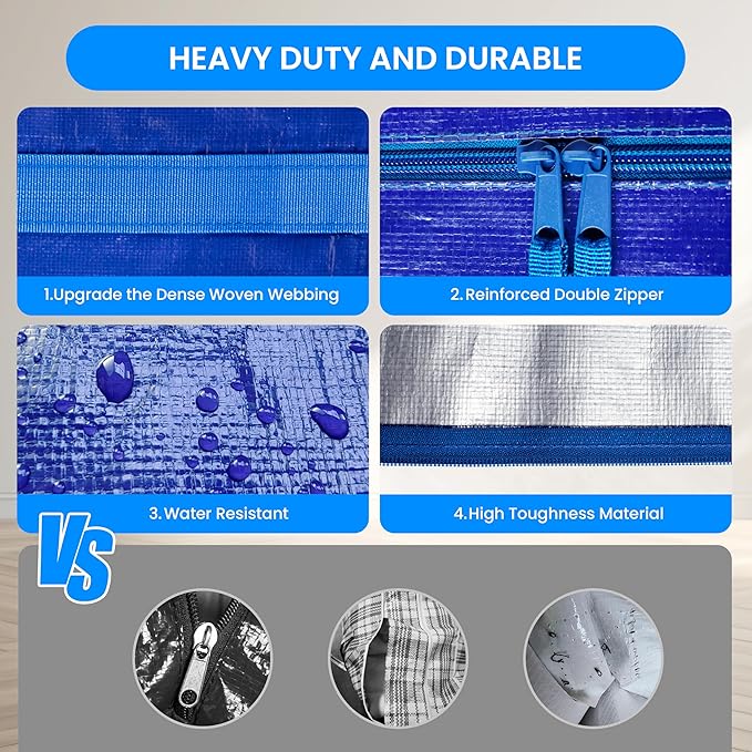 Simple Deluxe 6 Pack Extra Large Moving Bags with Lids, Reinforced Handles and Zippers, Heavy Duty Storage Tote for Moving Travel Camping Space Saving, Blue