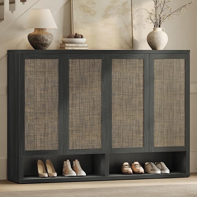 SICOTAS 65.6" Wide Rattan Shoe Storage Cabinet for Entryway with Doors | Rattan Shoe Cabinets with Doors, Space Saving Free Standing Tall Shoe Cabinet Storage Organizer for Entryway, Hallway, Home