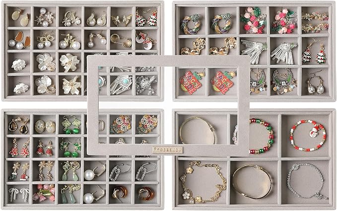 Frebeauty Stackable Jewelry Trays,Set of 4 Jewelry Organizer for Drawer | Glass Lid,Removable Dividers,Stackable Design,Velvet Material,Drawer Inserts,Earring Organizer,Jewelry Box for Rings Bracelet
