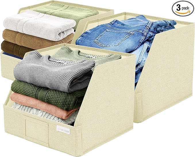 VIVIDECOR Trapezoid Closet Bins for Shelves – 12x12x10 Fabric Storage Baskets, Collapsible Organizer Boxes for Linen, Baby Clothes, Seasonal Storage – Light Beige, 3 Pack