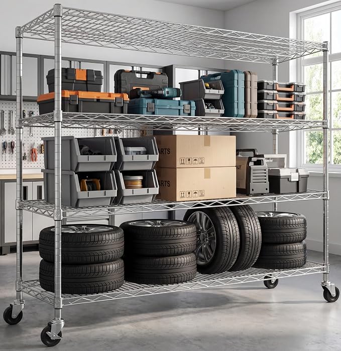 Chrome Storage Shelves with Wheels 55.5" W Garage Shelving Heavy Duty 4 Tier Adjustable Wire Shelving Unit Metal Shelving for Garage Pantry Commercial Basement,55.5" Wx24 Dx76 H 2Pack