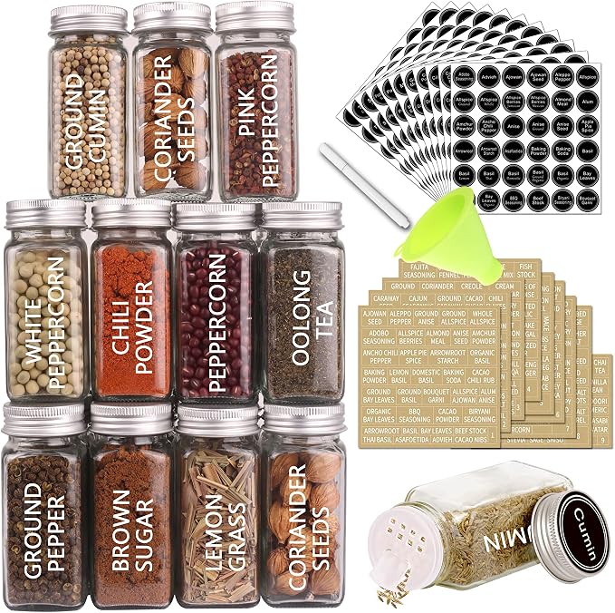 SWOMMOLY 36 Pcs Glass Spice Jars with Lids, 4oz Spice Bottles with Labels | Empty Spice Containers with Shaker Lids, Chalk Marker, Funnel - Seasoning Containers for Spice Racks, Cabinets, Drawers
