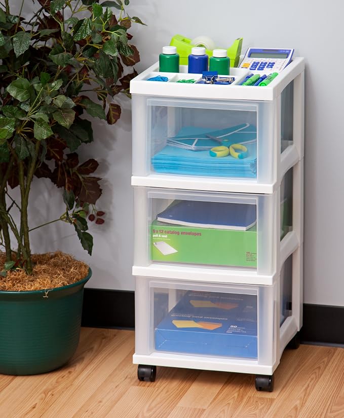 IRIS USA 3-Drawer Rolling Storage Cart, White/Clear | Keep craft supplies, office essentials, classroom items, and accessories organized with easy-access drawers for daily use
