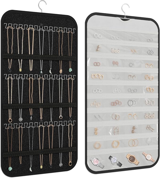 Hanging Jewelry Organizer for Necklaces Earrings, 1-Pack, Black and White | Foldable Double-Sided 36 hooks & 40 clear pockets; swivel hook fits walls, doors & rods for earrings, bracelets, rings