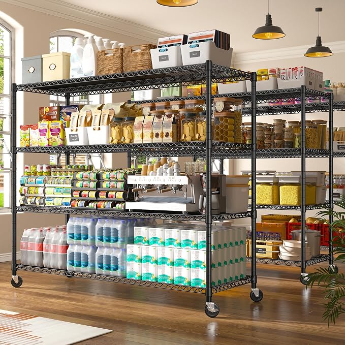 REIBII 60''W Storage Shelves 2399LBS Metal Shelving Unit with Wheels & Feet, 4 Tier Garage Shelving Heavy Duty Adjustable Wire Shelf for Pantry Kitchen Garage, 60" W x 17.7" D x 65.5" H, 2 Pack