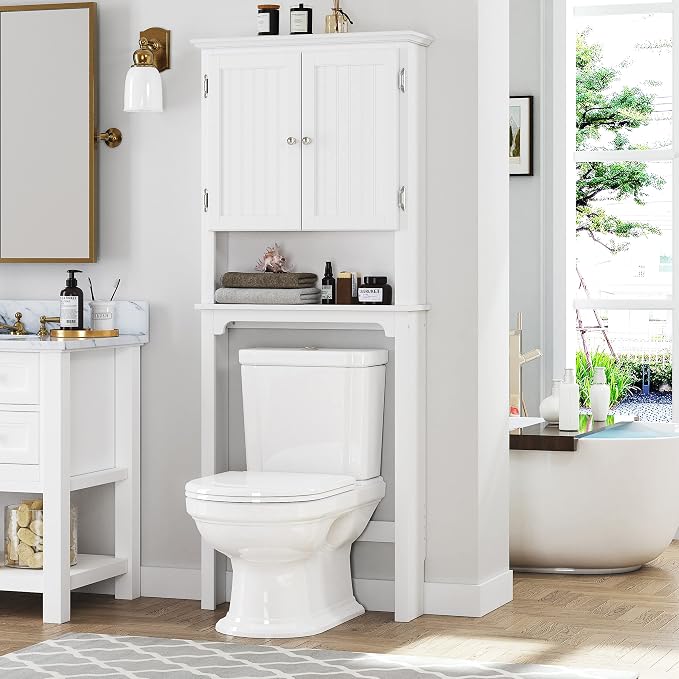 UTEX Over The Toilet Storage Cabinet, White Bathroom Organizer with Doors | FSC-Certified MDF, Adjustable Shelves, Anti-Tip Bracket, 34'' Toilet Clearance, Hidden & Open Storage for Toiletries, Towels