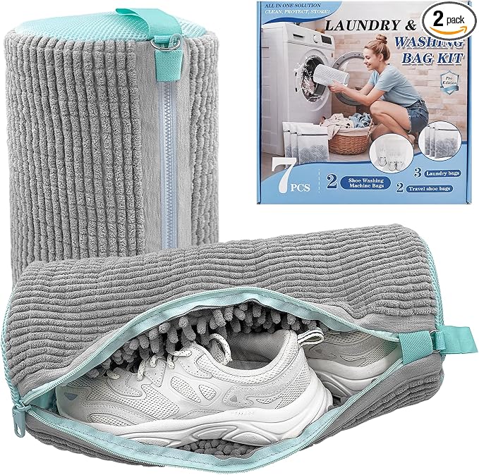 3-IN-1 Laundry & Shoe Washing Machine Bag : Laundry Shoe Bag for Washer & Dryer,Shoe Cleaning Bag for Sneakers,Tennis,Self-locking Zipper & Microfiber,Include 3 Laundry Bag & 2 Shoe Bag