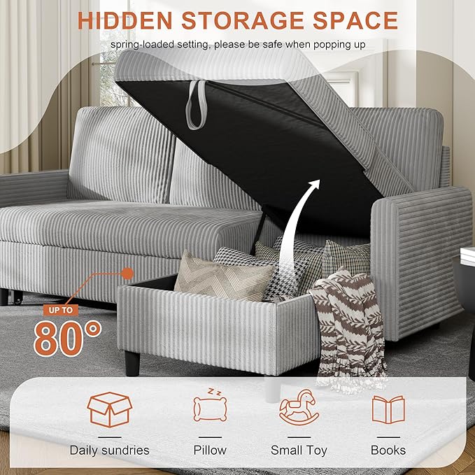 Vongrasig Pull Out Couch, 2 in 1 Small Sofa Bed Sleeper Sofa with Storage, 77" L Shaped Convertible Sofa with Storage Chaise for Living Room, Apartment, Light Grey
