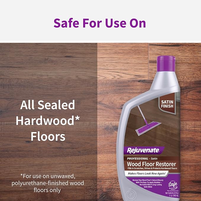 Rejuvenate Professional Wood Floor Restorer Fills Scratches, Shines And Protects Wood Flooring For A Matte Satin Shine, 32 Ounces | 1-Coat Application Fills Scratches, Shines & Protects Hardwood Floors, Leaves A Satin Finish, Safe For Pets & Kids
