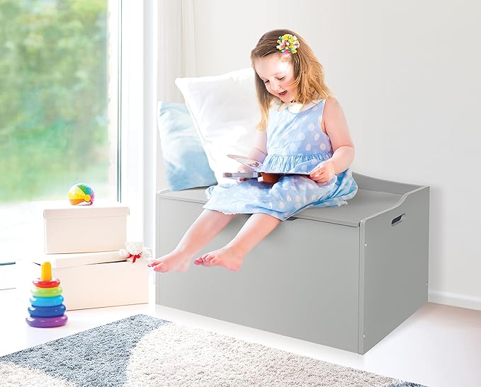 Badger Basket Bench-Top Wooden Toy Box in Gray – Safe Storage Chest with Dual Safety Hinges, Side Handles, and Front Slot