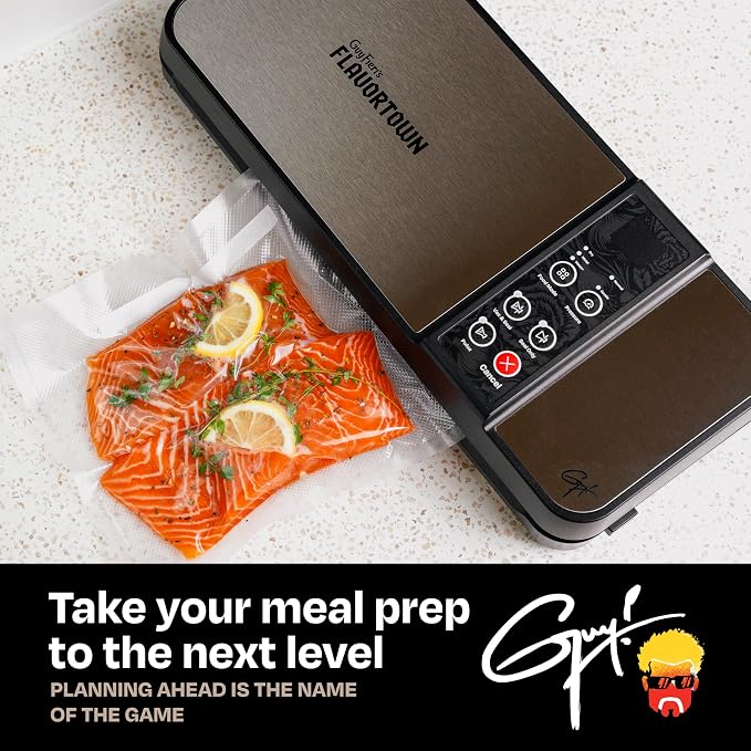 Guy Fieri's Flavortown Compact Vacuum Sealer, Dry & Moist Modes | Built-In Roll Storage, Includes 5 Quart Bags, 10ft Roll & Accessory Hose