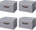 ANMINY 4PCS Storage Bin with Lid Storage Boxes with PU Leather Handles PP Plastic Board Decorative Foldable Lidded Cotton Linen Fabric Home Cubes Baskets Closet Organizer Container - Gray, Medium