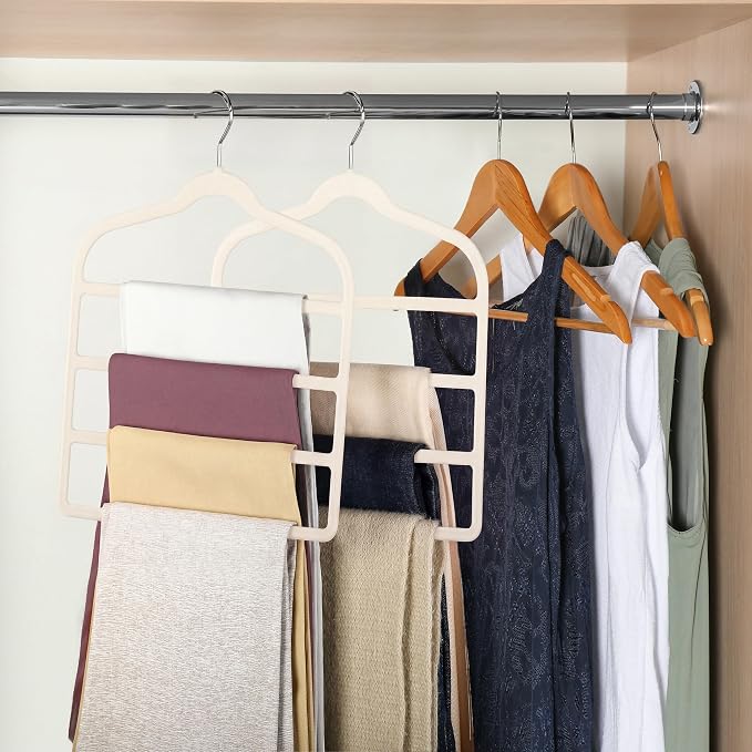 Velvet Pants Clothes Hanger Space Saving Non Slip Pants Shorts Hanger, Myfolrena Jeans Slack Trousers Hangers Multiple Velvet Hanger Closet Organizer Storage for Leggings,Jeans,Scarf,Tie (3, Beige)