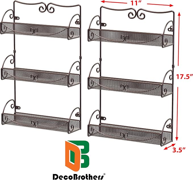 Deco Brothers 3 Tier Wall Mounted Hanging Spice Rack, Bronze, 2 Pack