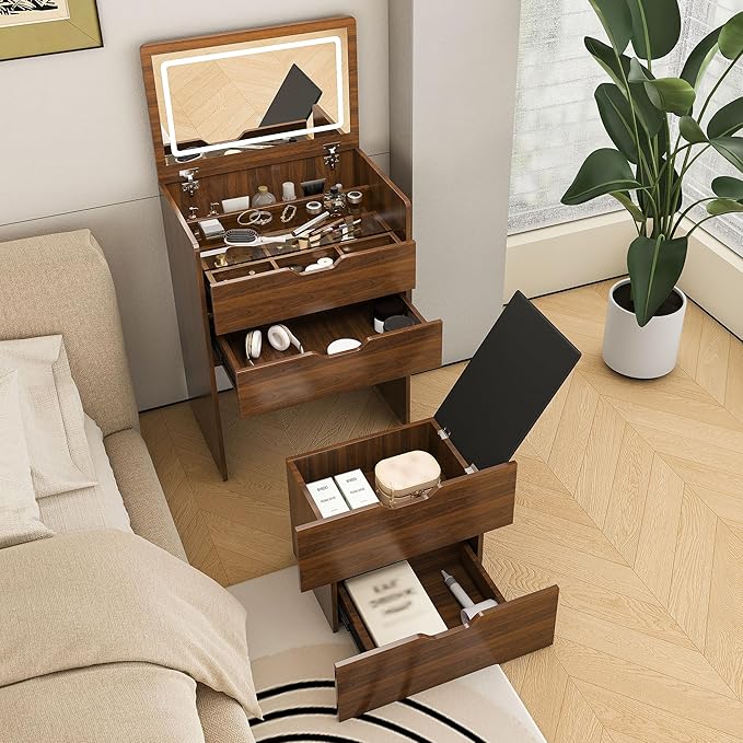 3 in 1 Vanity Desk with Mirror and Lights,23.6" Walnut Small Make Up Vanity Set with Visible Glass Desktop,Compact Makeup Vanity with 3 Drawers & Stool, Flip Top Makeup Dressing Table for Bedroom