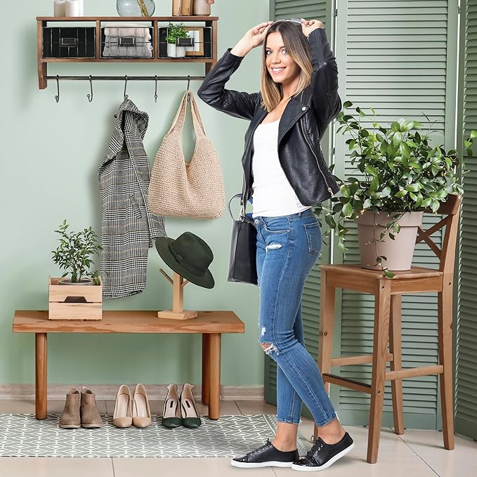 BizChair Wall Mounted Storage Rack - Rustic Brown Solid Pine Wood - 24 Inch - Upper Shelf - 5 Hooks - Wire Baskets - For Entryway, Kitchen, Bathroom