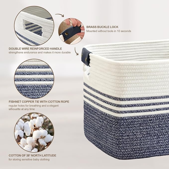 45L Woven Laundry Basket Hamper with Leather Handles,Denim Blue | 18"x14"x11", collapsible wicker hamper, storage for dirty clothes, toys, blankets, gifts, living room, bedroom, bathroom