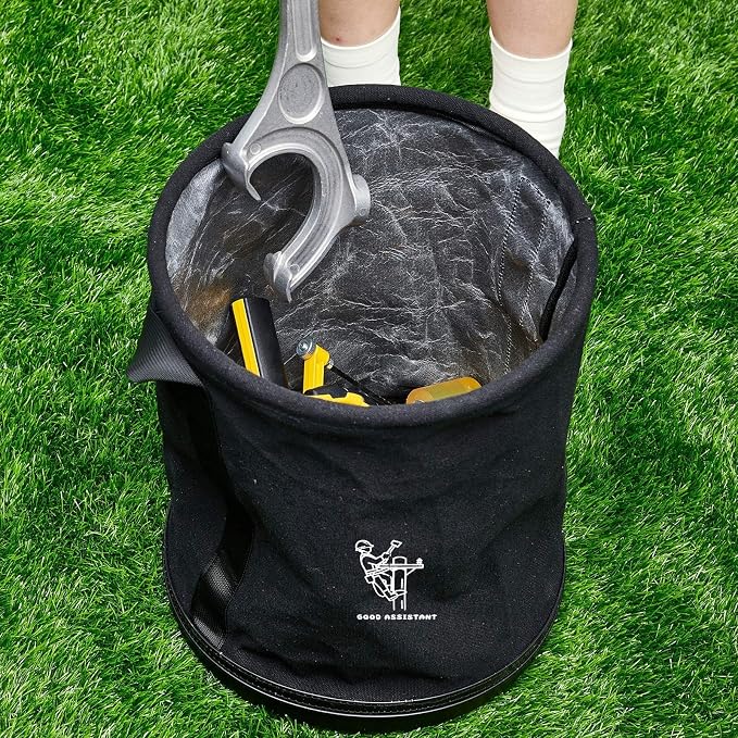 15" x 12" Canvas Tool Bucket Bag, Heavy Duty 150 Lbs Load Capacity, Truck Tool Organizer with Plastic Bottom Metal Hook for Linemen Electricians & Construction Workers