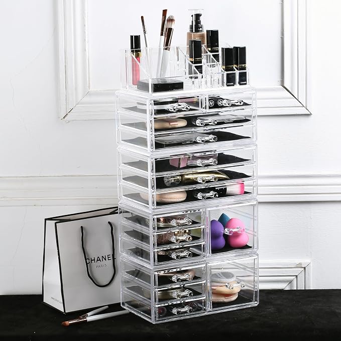 Ikee Design 5 Pcs Set Acrylic Makeup Organizer with 15 Drawers and Removable Top Lipstick Holders, Ideal for Make-up, Accessories,Enhance Your Vanity or Bathroom with Clear Design for Quick Visibility