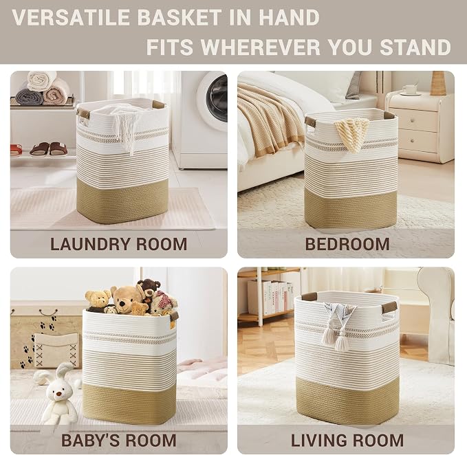 85L Tall Woven Laundry Basket Hamper with Leather Handles,Khaki | 17"x14"x22", collapsible wicker hamper, storage for dirty clothes, toys, blankets, gifts, living room, bedroom, bathroom