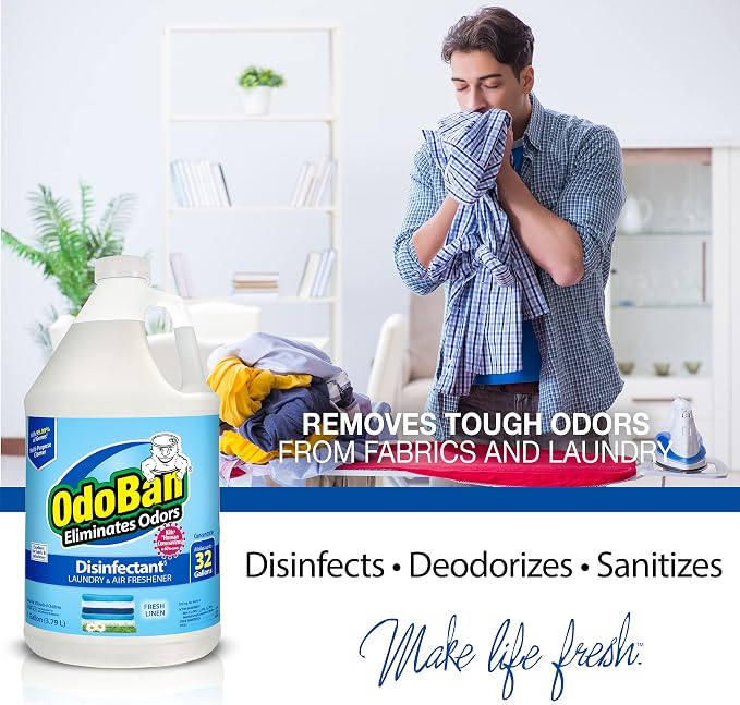 OdoBan Multipurpose Cleaner Disinfectant and Harsh Smell Eliminator Fabric/Air Freshener Pack: Ready-to-Use 360-Degree Continuous Spray, 1 Gallon Concentrate, Solid Smell Absorber, Fresh Linen Scent