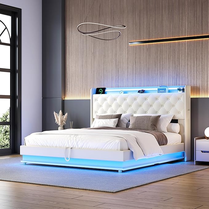 Ailisite Queen Size Lift Up Storage Bed, Upholstered Platform Bed with Button Tufted Wingback Storage Headboard, Bed Frame Queen Size with Led Lights and Charging Station, No Box Spring Needed, Beige | Lift up Storage, breathable material, with led lig...