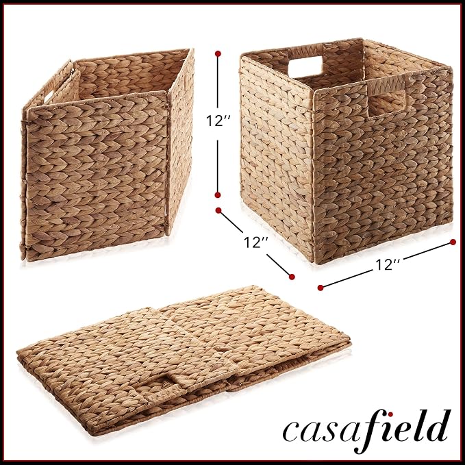 Casafield 12" x 12" Hyacinth Storage Baskets, Cinnamon - Set of 2 Storage Organizers, Woven Wicker Cubes for Bathroom, Bedroom, Laundry, Shelves