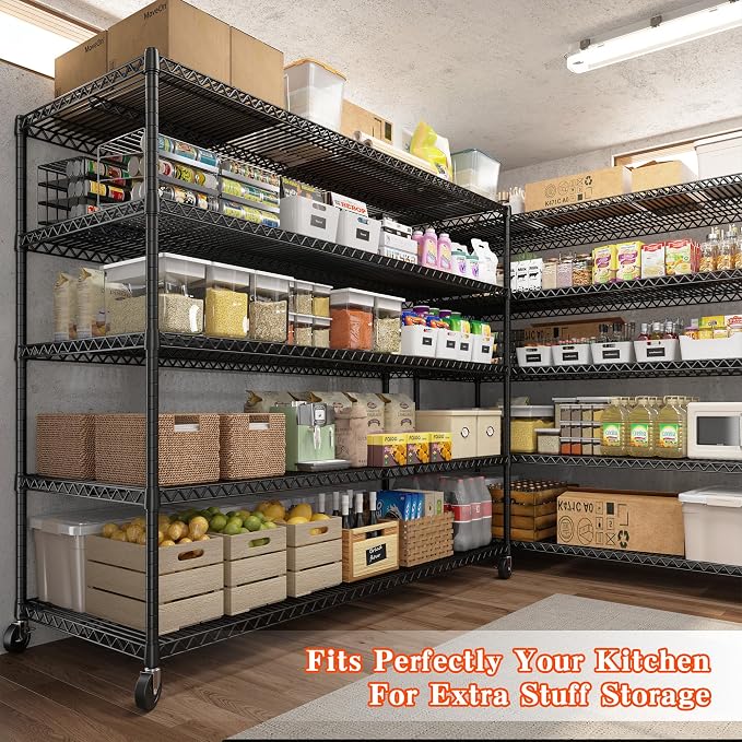 REIBII 3200LBS Storage Shelves Wire Shelving with Wheels,Adjustable Garage Shelving Heavy Duty Steel Metal Shelving Unit Shelf Rack for Warehouses,Garage,Kitchen,School,Commercial,73" H X 60”W X 18" D