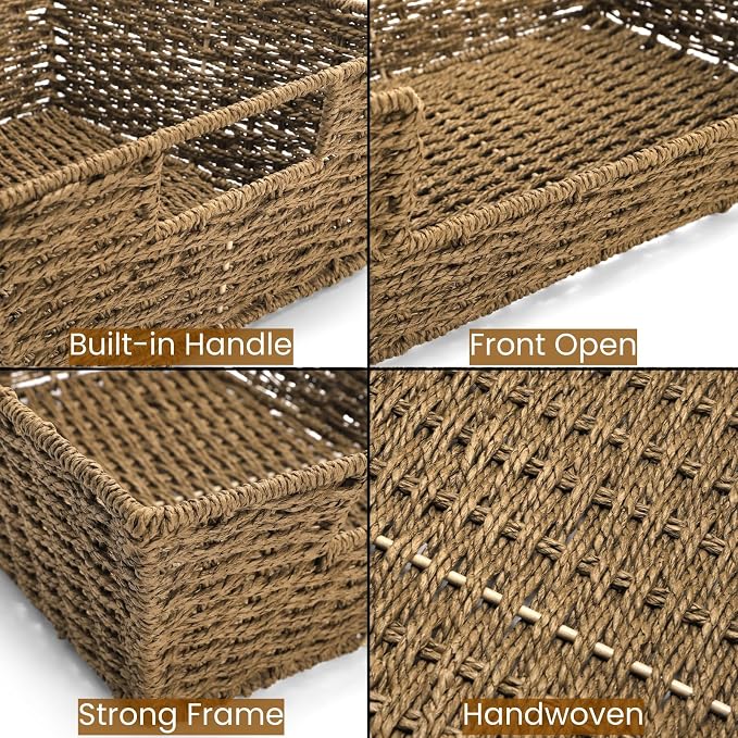2 Pack Open Front Storage Baskets, Brown Paper Rope Woven Basket with Built-in Handles, 13''L x 10''W x 5''H Pantry Organzier Bins for Shelf, Bedroom, Living Room, Pantry