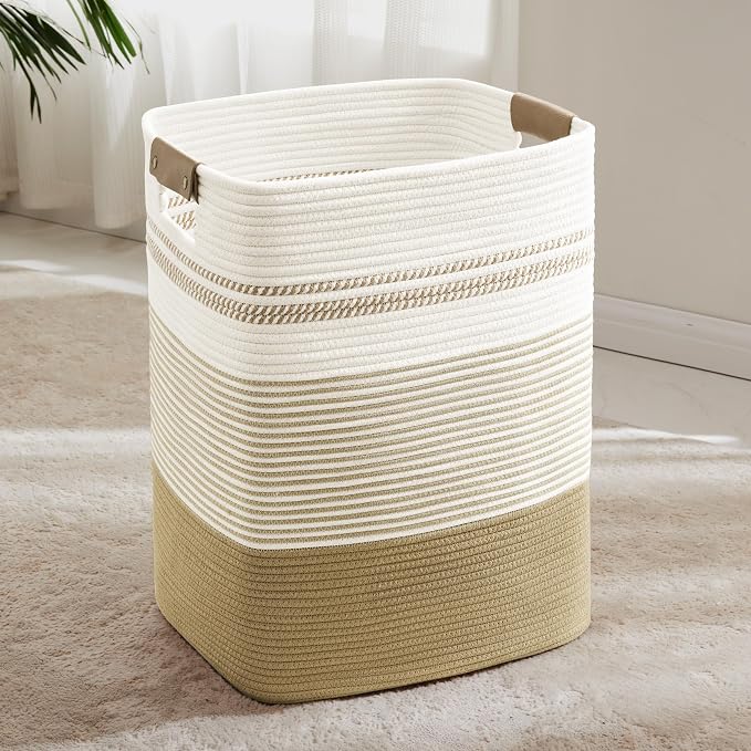85L Tall Woven Laundry Basket Hamper with Leather Handles,Khaki | 17"x14"x22", collapsible wicker hamper, storage for dirty clothes, toys, blankets, gifts, living room, bedroom, bathroom