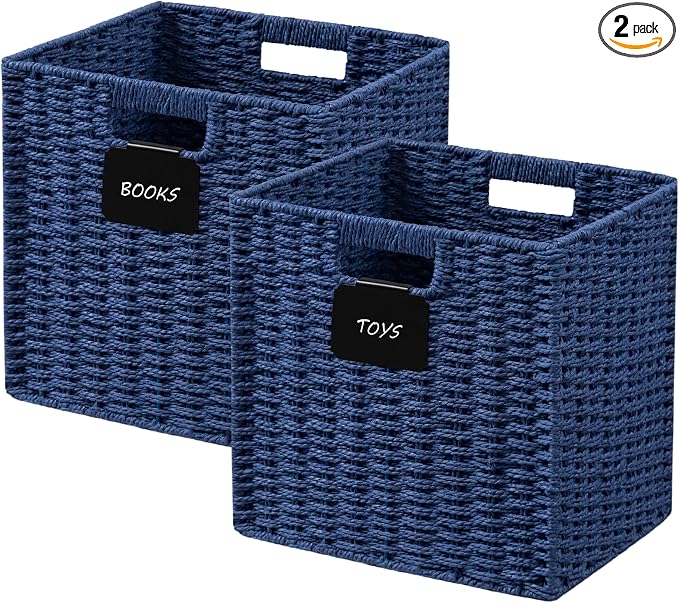 UBBCARE 2 Pack Wicker Basket, 10.5×10.5 Storage Cubes with Label, Foldable Cube Storage Bin with Handle, Square Storage Basket for Shelves, Woven Paper Rope Basket for Organizing, Blue