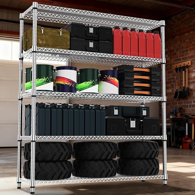 M MZG 5 Tiers Shelf 3300 lbs Steel Storage Shelving Utility Shelving Unit Steel Organizer Wire Rack for Home,Kitchen,Office,Garage Chrome 17.7" D x 59.1" W x 70.3" H