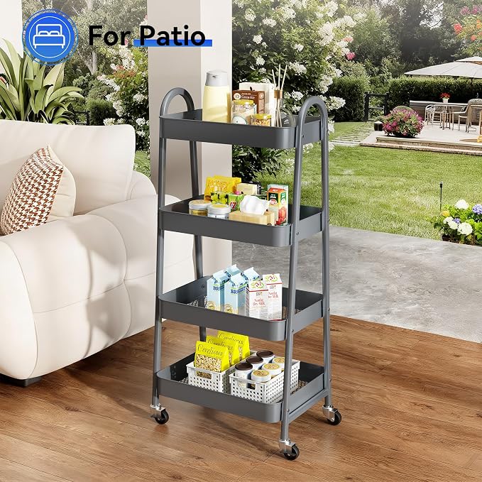 NEWBULIG 4-Tier Metal Rolling Cart with Lockable Wheels, Heavy Duty Mobile Utility Storage Shelf, Roller Book Snack Cart, Organization for Livingroom, Bathroom, Office, Grey