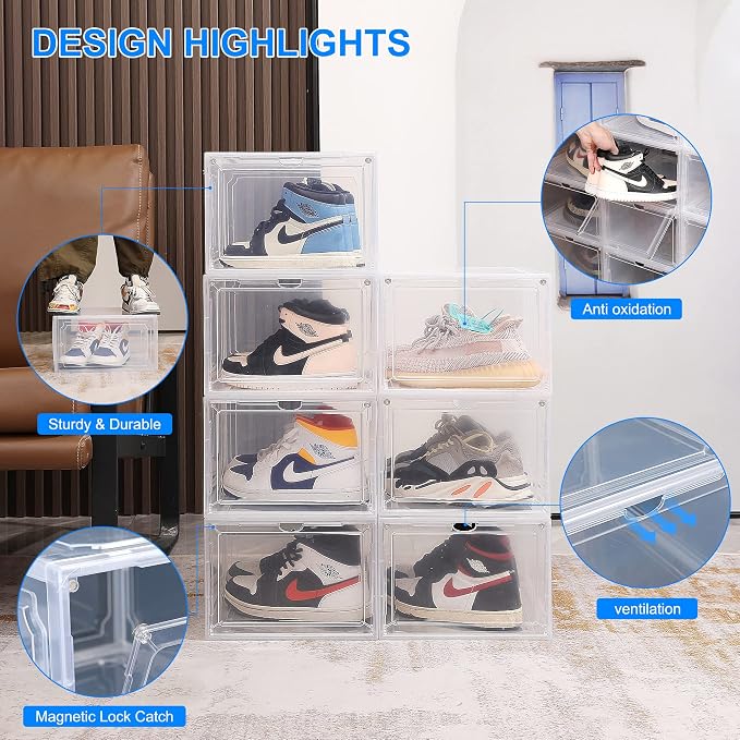 HIYOHIYO 1-Pack Clear Plastic Stackable Shoe Box Organizer, Fit US Size 14 | Sneaker Containers Magnetic Shoes Storage Box Foldable Drop Front Organizer Cases for Home Display Bins