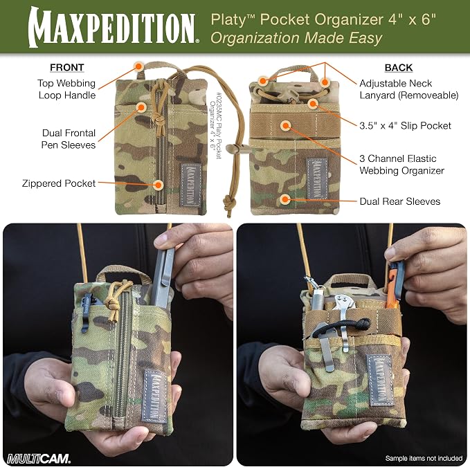 MAXPEDITION Platy Pocket Organizer, Durable EDC Tool Pouch for Men, Neck Wallet with Paracord Lanyard, Holds Flashlight, Multitool, Pen, Notebook
