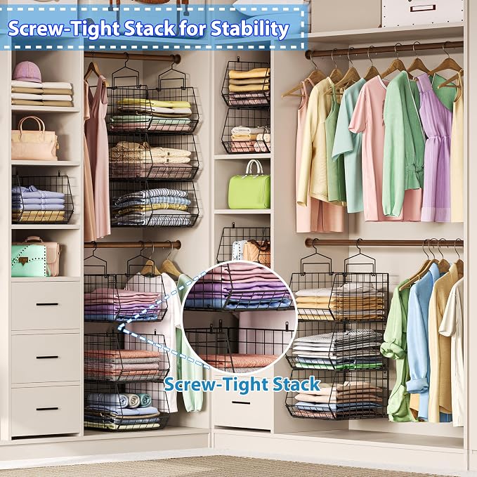 6-Tier Extended Depth Hanging Closet Organizers and Storage for Closet Organization, Stackable Hanging Shelves with Hooks for Clothes Sweaters Towels Purses, Fits Closet Shelves & Wire Metal Shelving