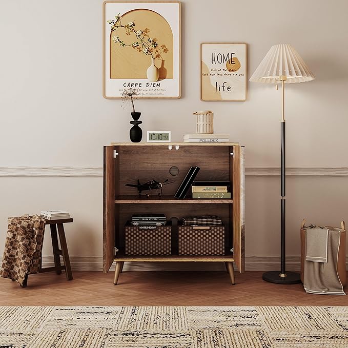 Sideboard Buffet Cabinet with Raised Shaped & Geometric Line Texture Door Panel, Accent Storage Cabinet for Living Room (Cabinet Body- Oak, 2 Door-15 D x 30.8" W x 34.5" H)