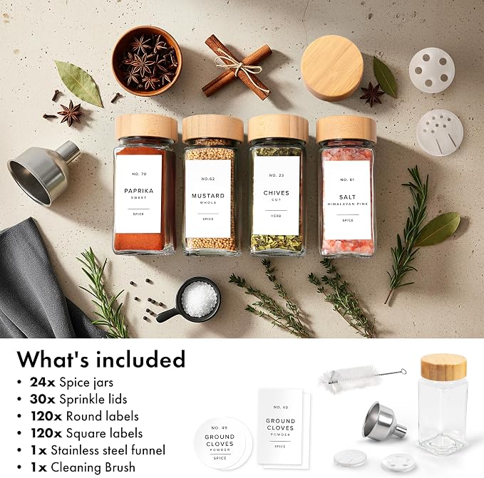 EDELHAUS Glass Spice Jars with Label, 24x Bamboo Wooden Lids - White Labels | Airtight Lids keep spices fresh, Kitchen Spice Drawer Organizer, 4oz Seasoning Containers incl. Funnel, Brush & 240 Labels
