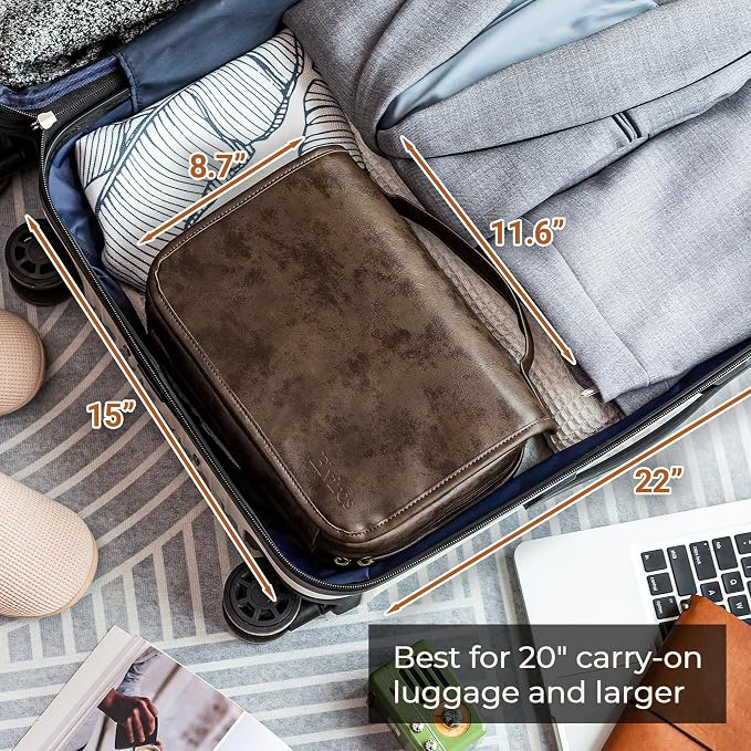Elviros Hanging Toiletry Bag Removable Travel Bag PU leather Makeup Cosmetic Organizer Kit, Coffee | Removable Travel Organizer Bag for Cosmetics, Toiletries, Makeup Tools, and Daily Essentials with Easy Carry Design
