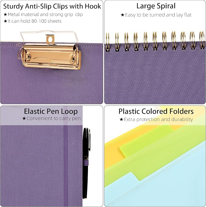 Ospelelf Foldable Spiral Clipboard Folio with Storage Zipper Pouch, 5 Plastic Folders with 10 Pockets,Refillable Lined Notepad (11" x 8.5"), Hardcover Project Organizer with 39 Stickers (Purple)